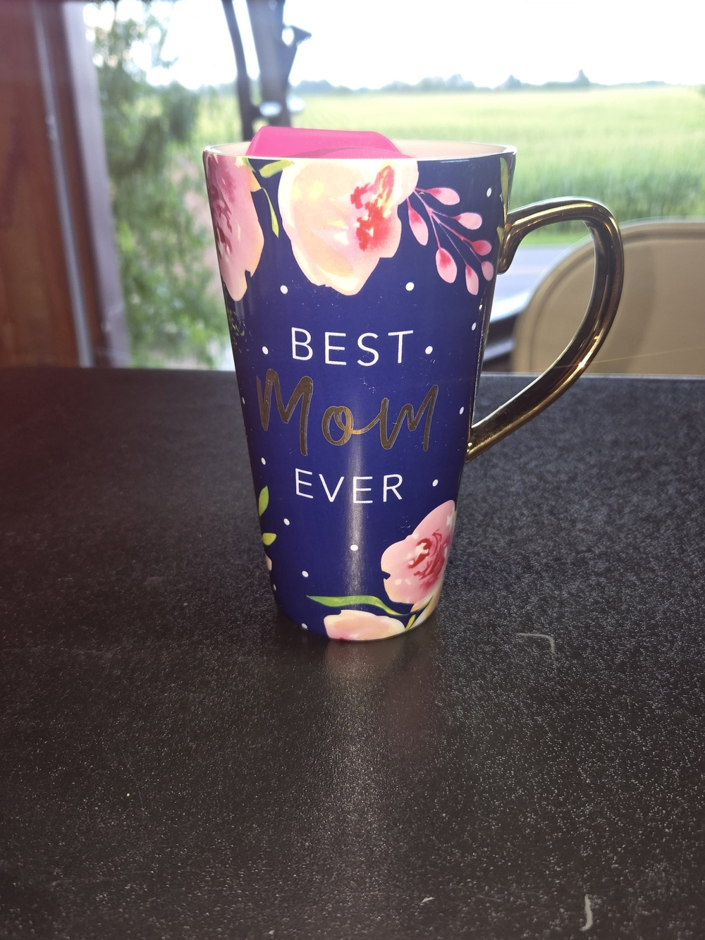 "Best Mom Ever" Floral Ceramic Coffee/Tea Mug - Navy and Pink